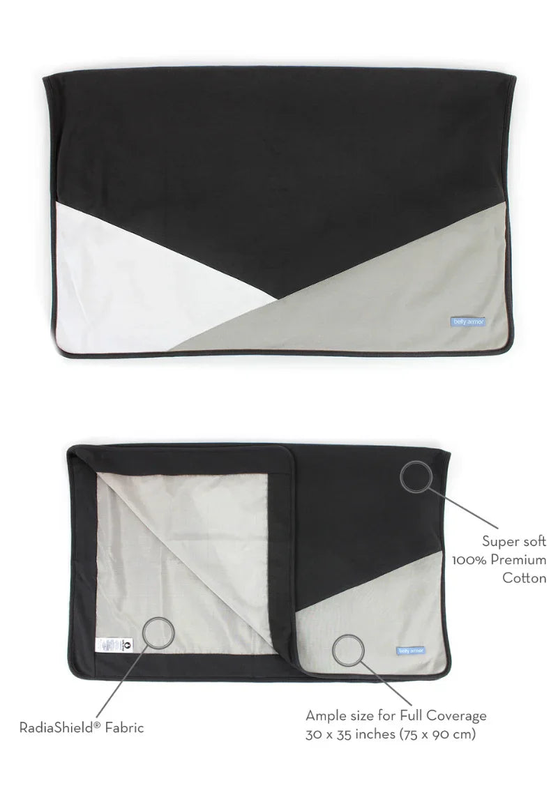 Front and reverse of a charcoal Belly Armor blanket showing cotton and RadiaShield layers
