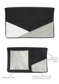 Front and reverse of a charcoal Belly Armor blanket showing cotton and RadiaShield layers