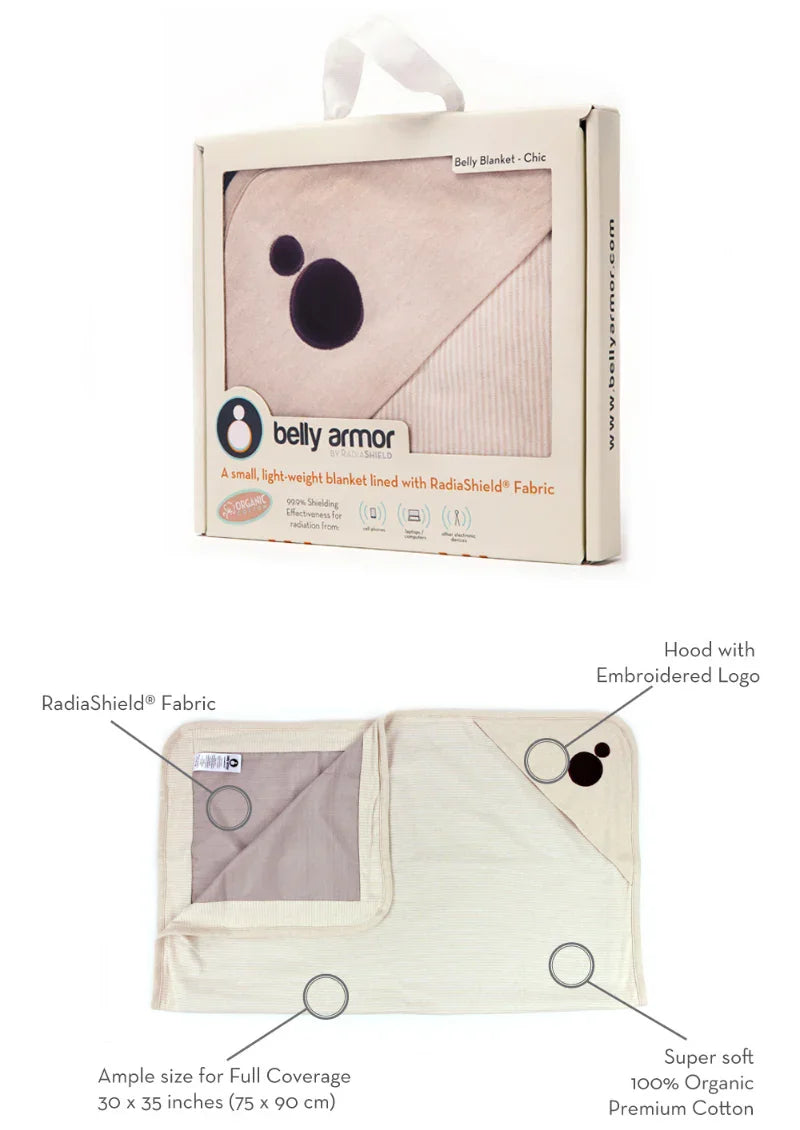 Belly Armor organic belly blanket packaging and RadiaShield fabric details