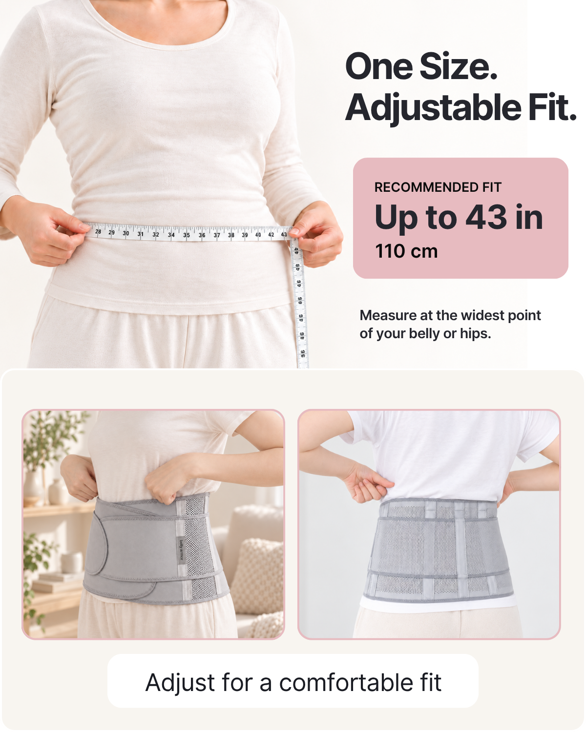 Belly Armor postpartum support belt adjustable fit measuring guide, up to 43 inches