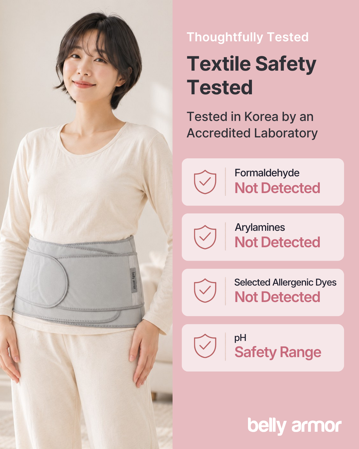 Belly Armor postpartum support belt textile safety test results infographic