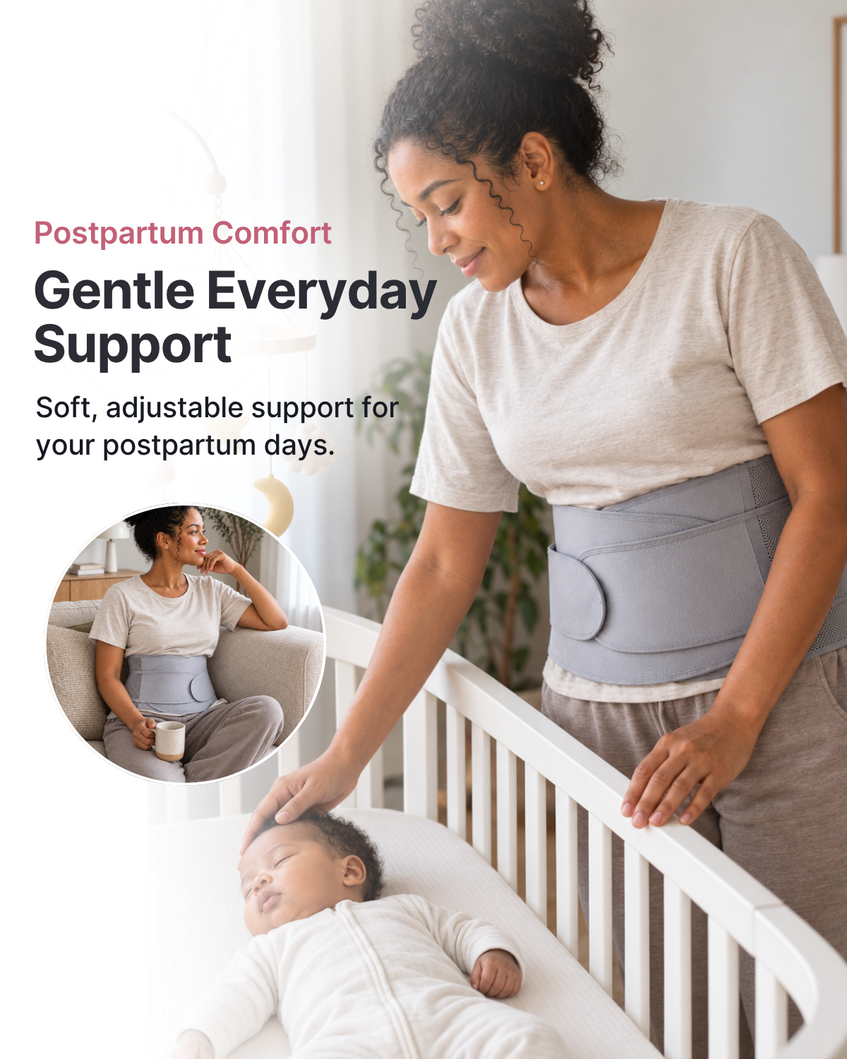 Mother beside a crib wearing a gray Belly Armor postpartum support belt