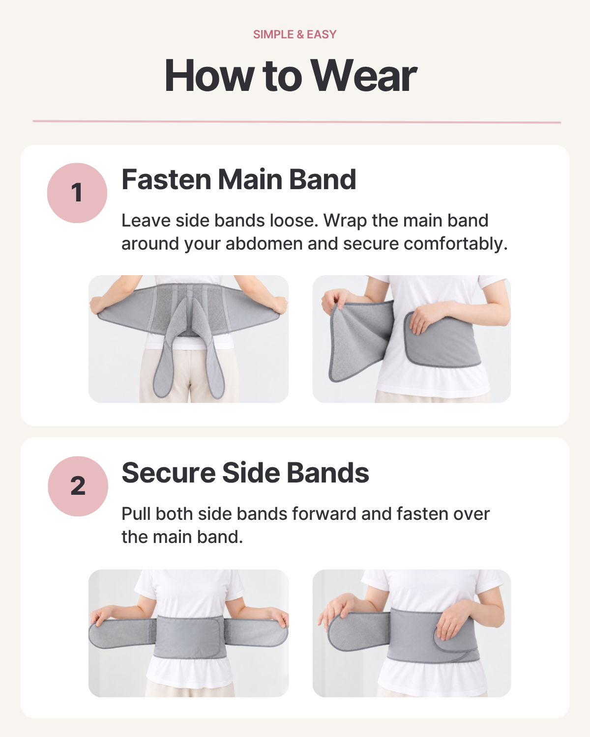 How to wear a Belly Armor postpartum belt: fasten the main band, then the side bands