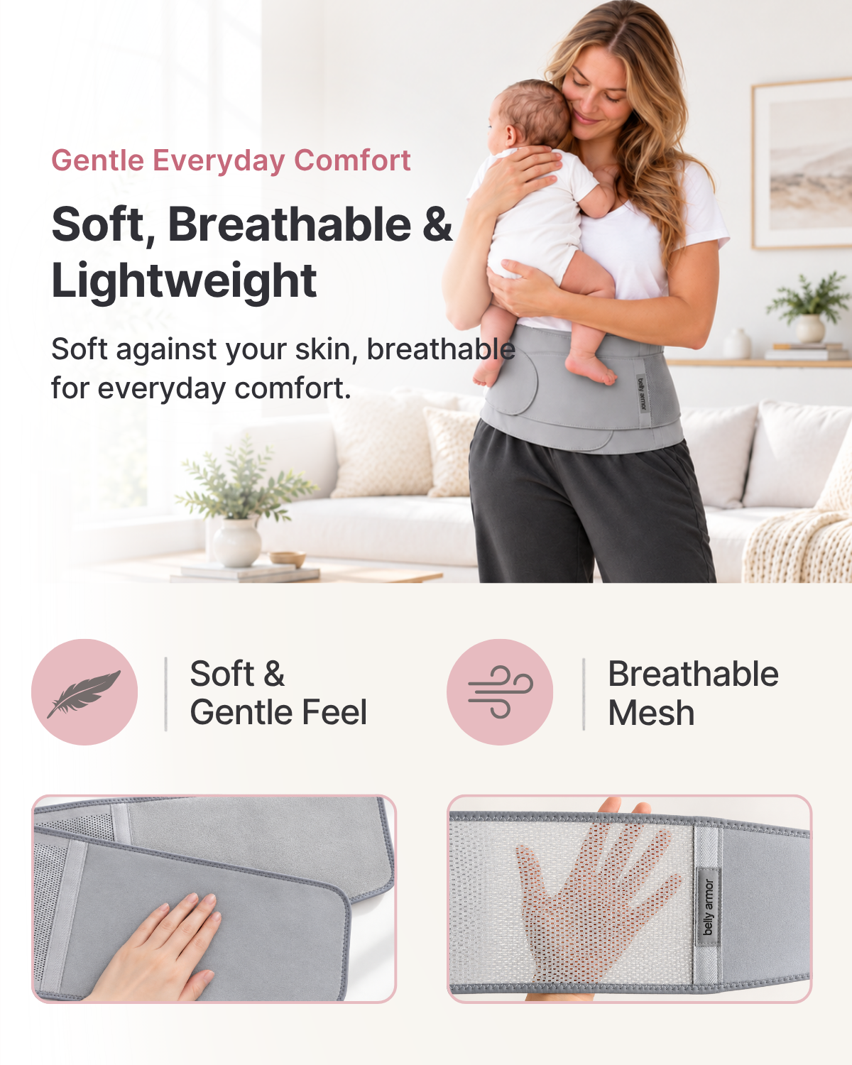 Belly Armor postpartum belt soft fabric and breathable mesh details, with a mother holding her baby