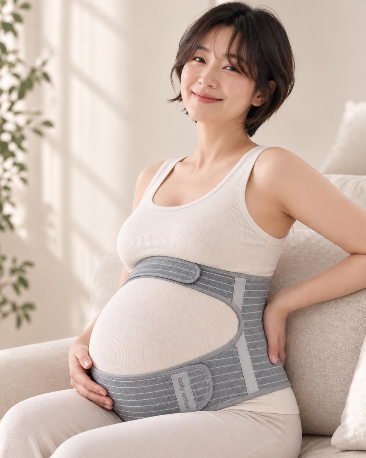 Pregnant woman seated in a chair wearing the Belly Armor dual-band maternity support belt