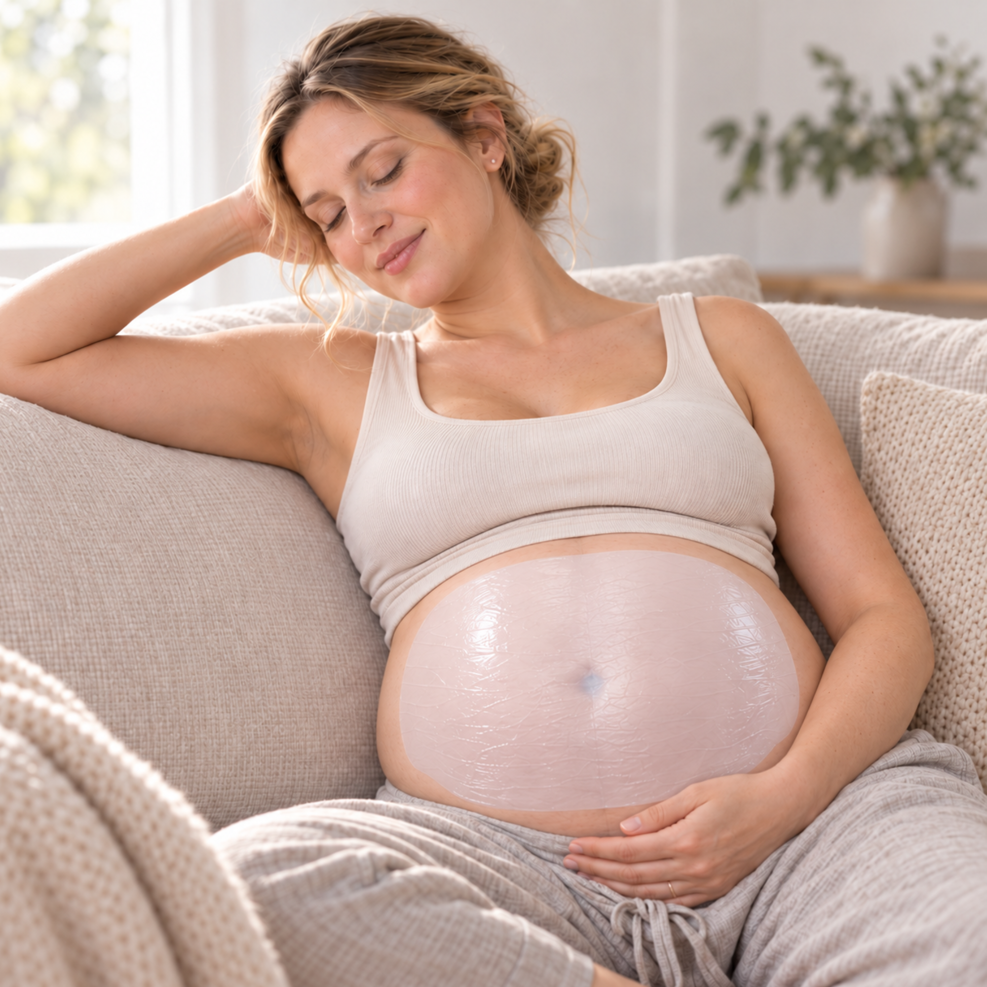 Pregnant woman relaxing on a sofa wearing a Belly Armor hydrating belly mask