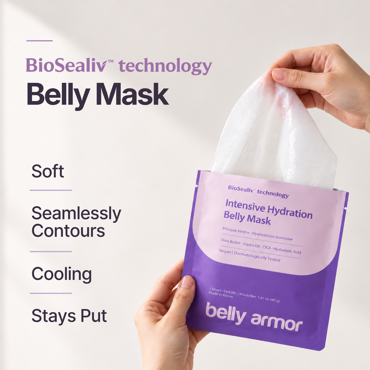 Belly Armor BioSealiv biocellulose mask sheet and individual product pouch