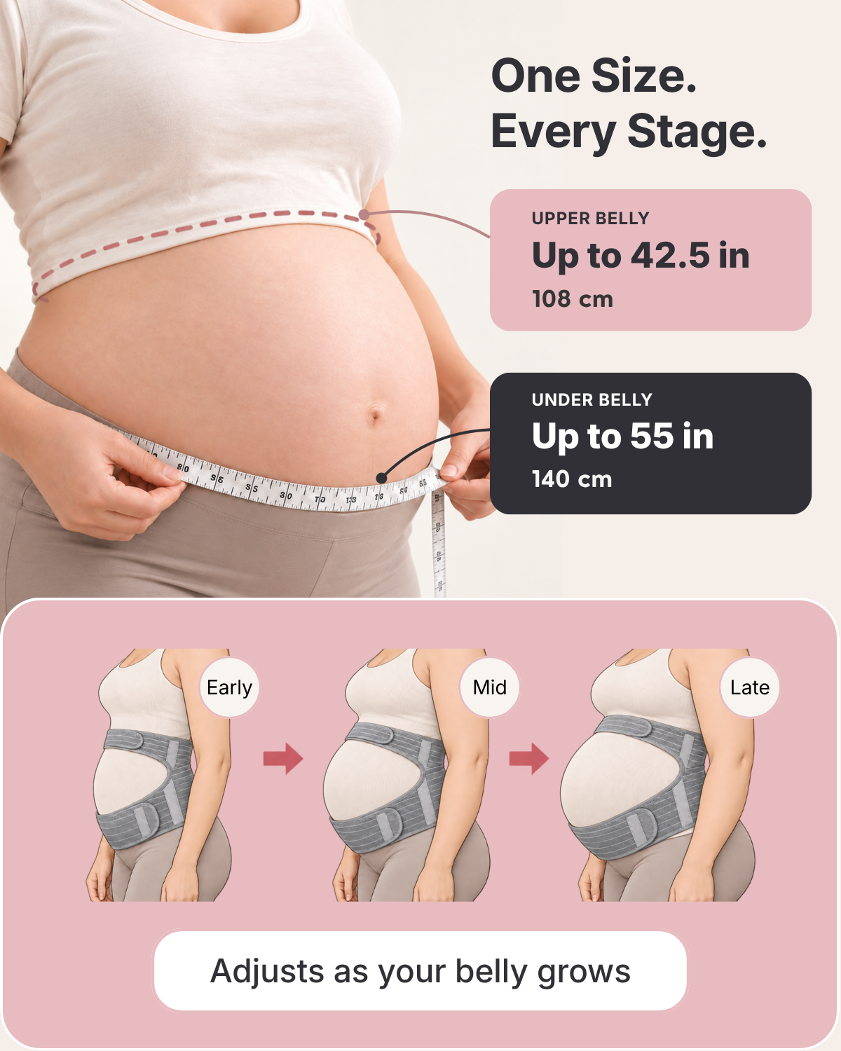One size adjustable maternity support belt from early pregnancy through full term
