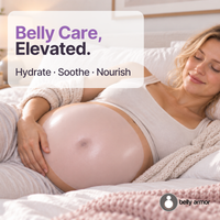 Pregnant woman relaxing with a Belly Armor mask for hydrating, soothing and nourishing belly care
