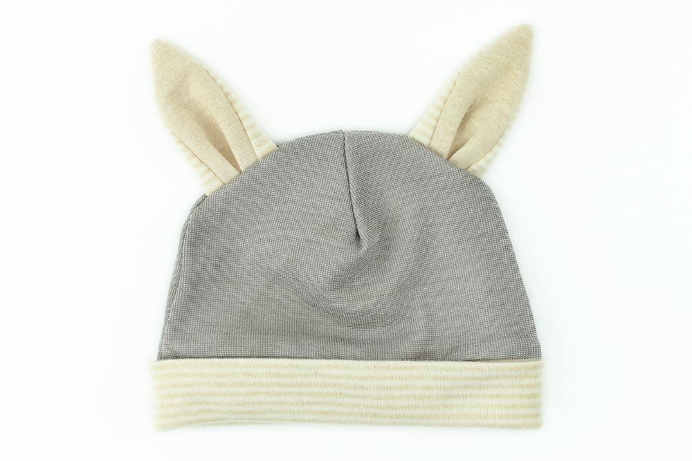 Gray Belly Armor organic cotton EMF baby hat with rabbit ears and cream cuff