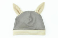 Gray Belly Armor organic cotton EMF baby hat with rabbit ears and cream cuff