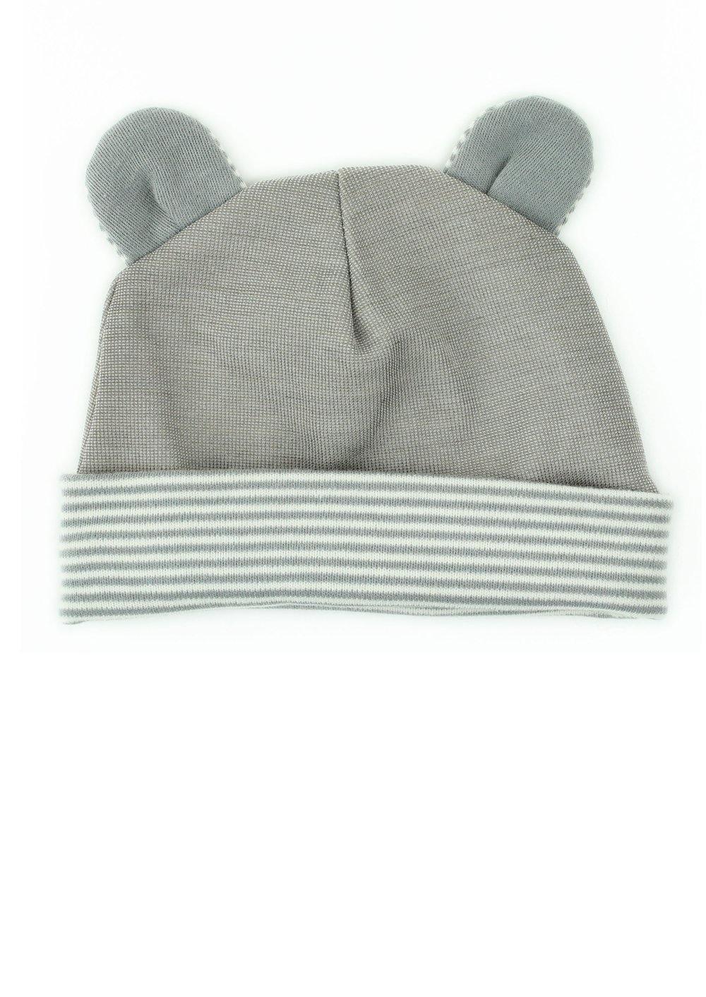 Gray Belly Armor organic cotton EMF baby hat with mouse ears and striped cuff
