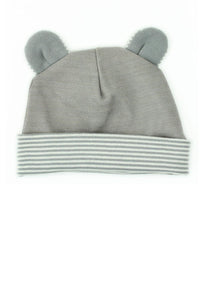 Gray Belly Armor organic cotton EMF baby hat with mouse ears and striped cuff